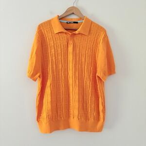 Mr Turk Polo Shirt L Orange Geometric Textured Knit Cotton Modal Short Sleeve